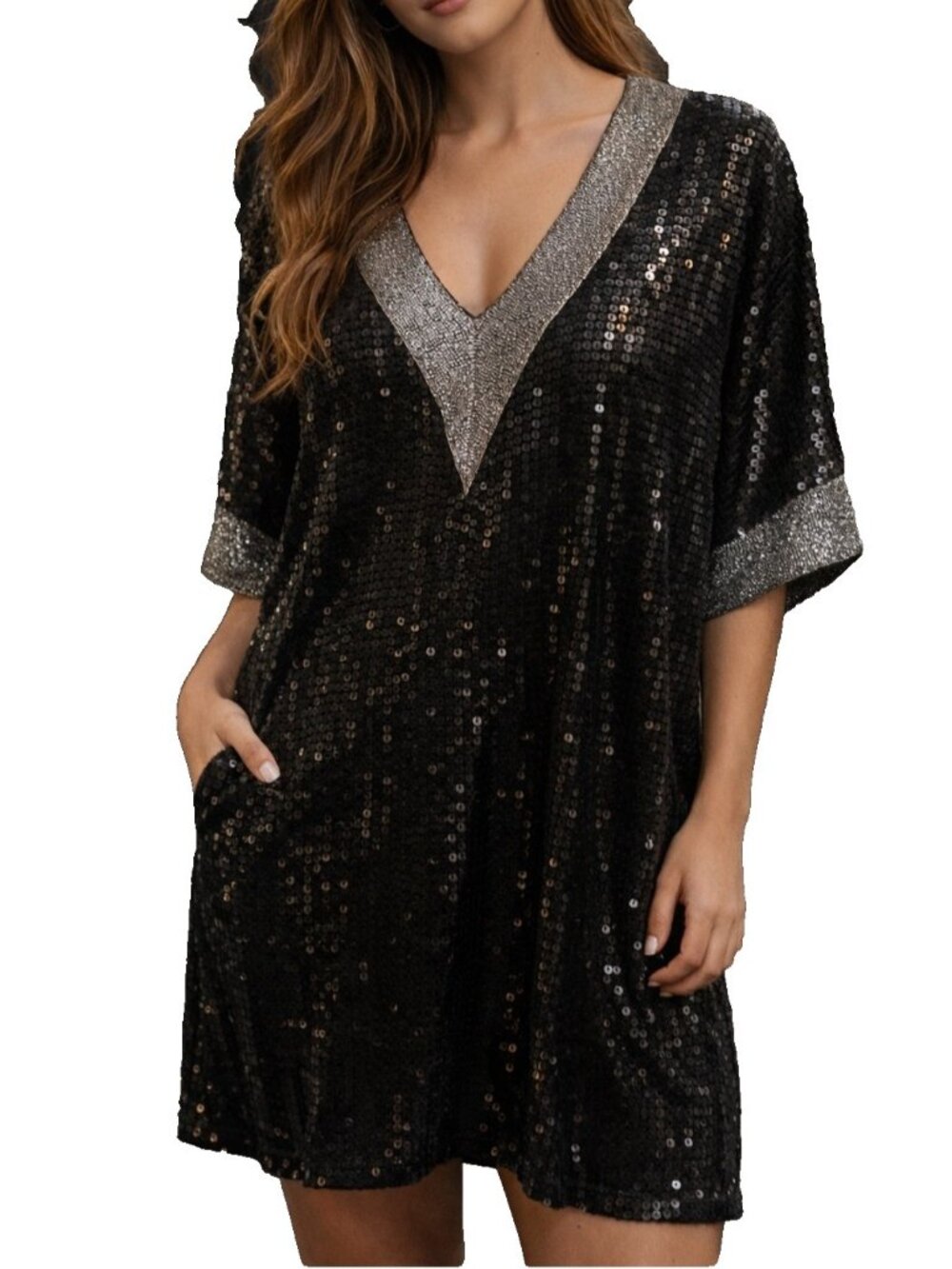 Foley L Black Sequin Silk V Neck Kaftan Dress Tunic Top cocktail formal disco. E